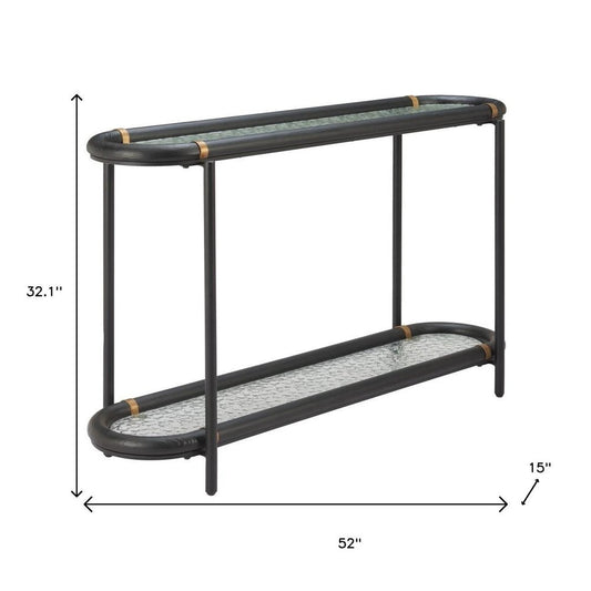 52" Black and Clear Glass Solid Wood and Steel Oval Console Table With Shelf