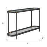 52" Black and Clear Glass Solid Wood and Steel Oval Console Table With Shelf