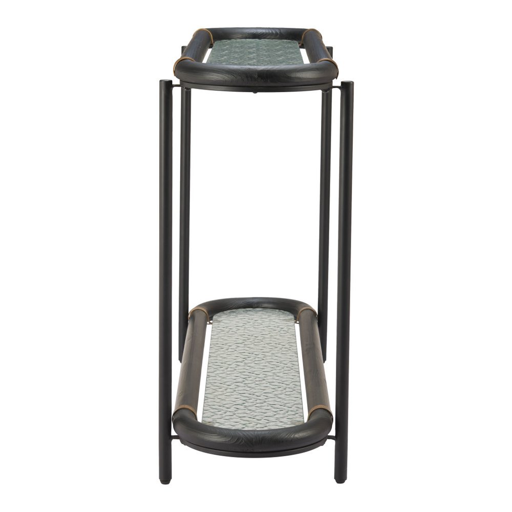 52" Black and Clear Glass Solid Wood and Steel Oval Console Table With Shelf