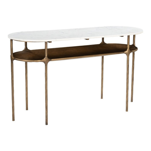 50" White and Brass Genuine Marble and Iron Oval Six Leg Console Table With Shelf