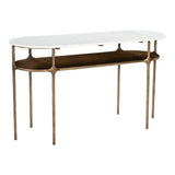 50" White and Brass Genuine Marble and Iron Oval Six Leg Console Table With Shelf