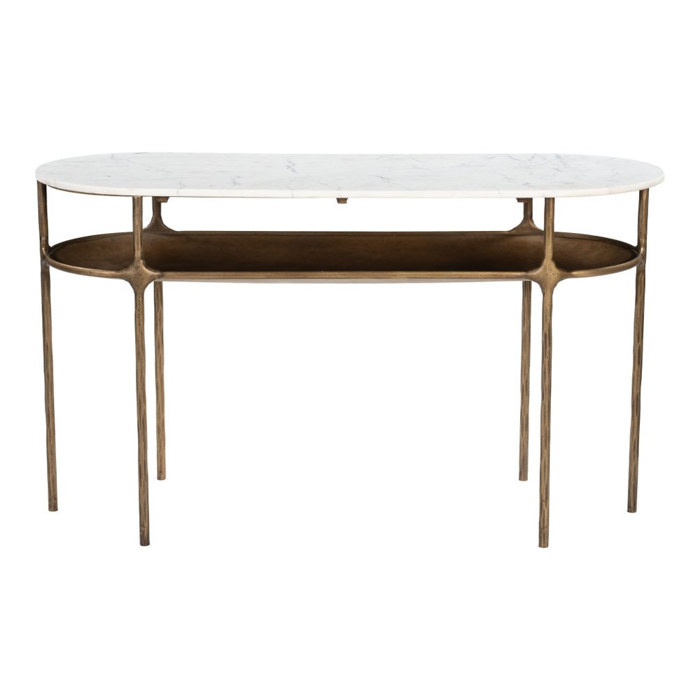 50" White and Brass Genuine Marble and Iron Oval Six Leg Console Table With Shelf