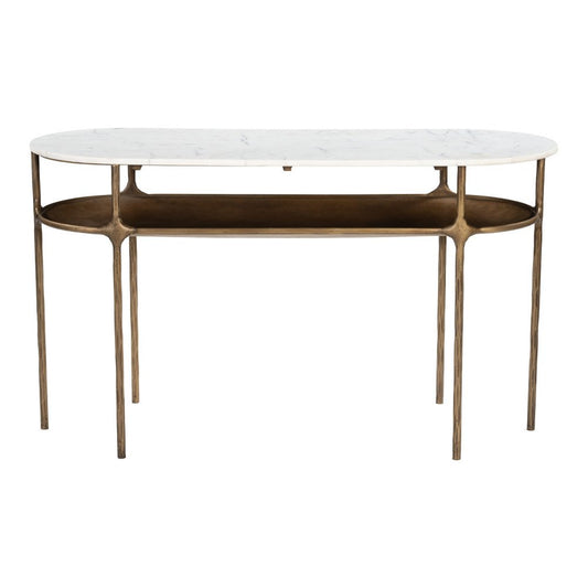 50" White and Brass Genuine Marble and Iron Oval Six Leg Console Table With Shelf