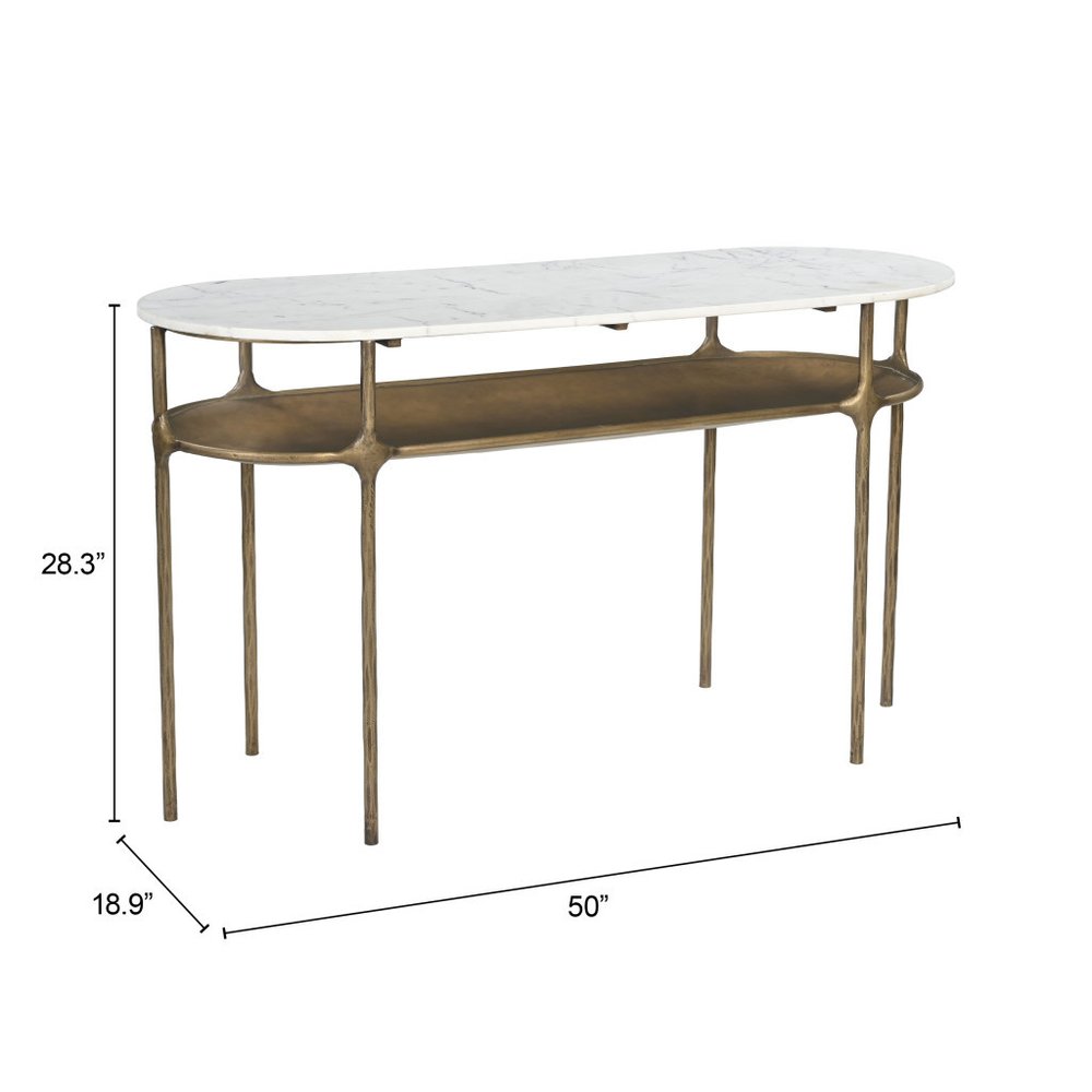 50" White and Brass Genuine Marble and Iron Oval Six Leg Console Table With Shelf