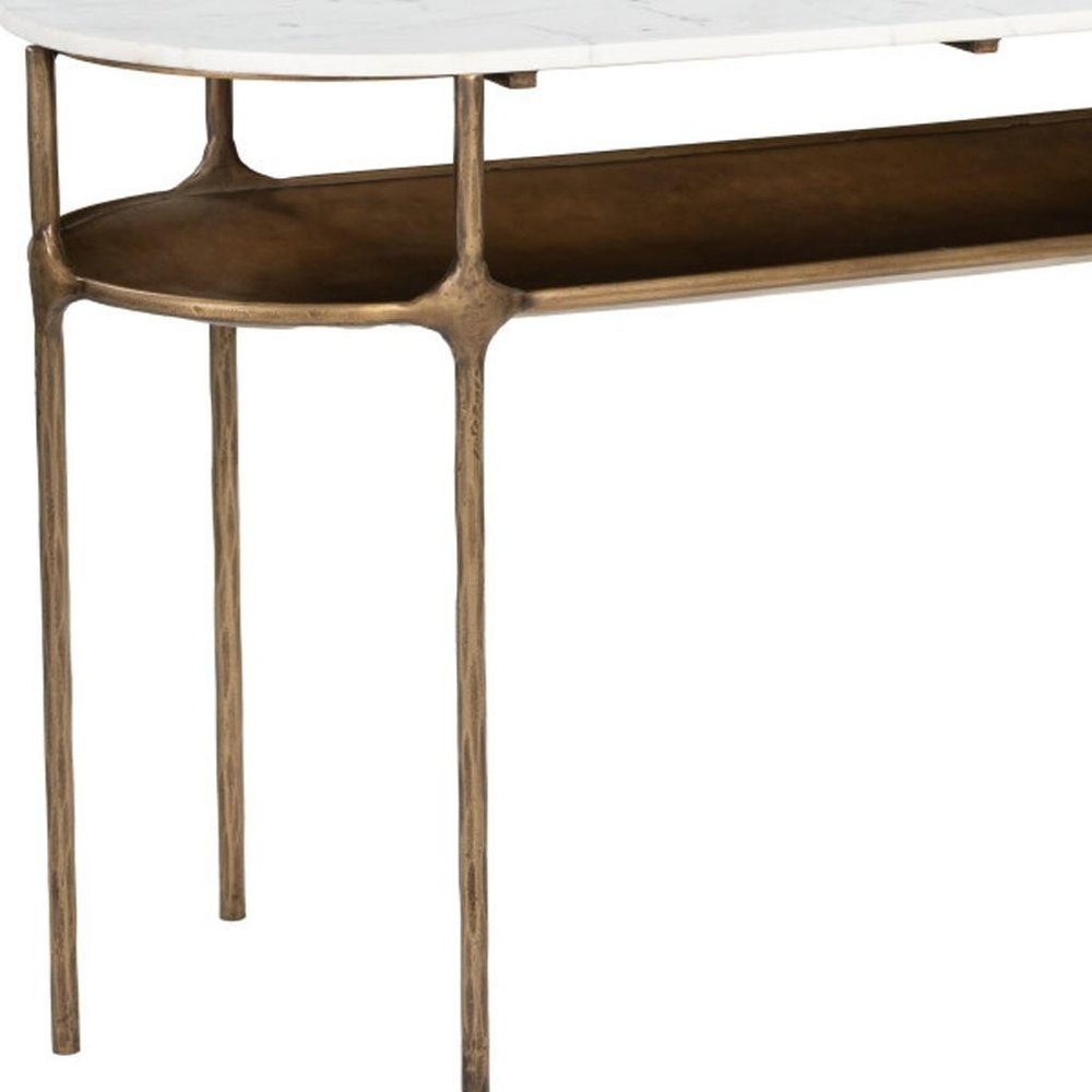 50" White and Brass Genuine Marble and Iron Oval Six Leg Console Table With Shelf
