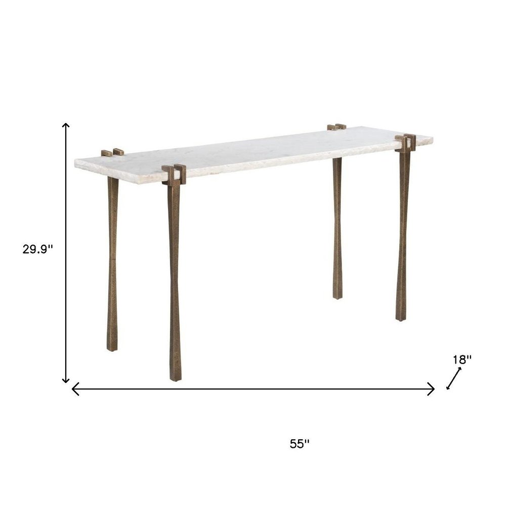 55" White and Bronze Genuine Marble and Iron Console Table