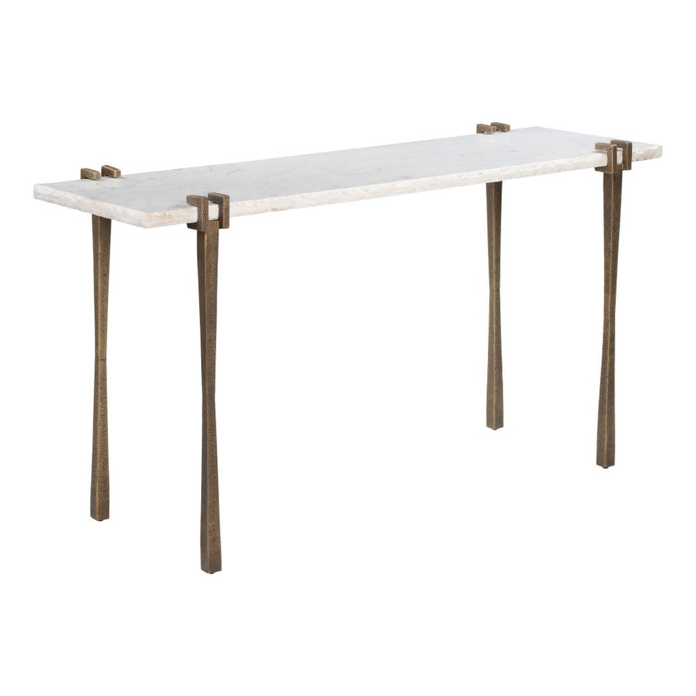 55" White and Bronze Genuine Marble and Iron Console Table