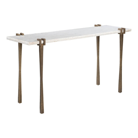 55" White and Bronze Genuine Marble and Iron Console Table