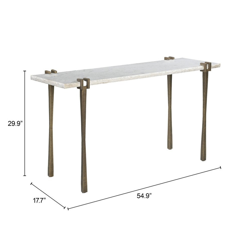 55" White and Bronze Genuine Marble and Iron Console Table