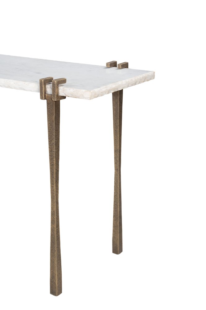 55" White and Bronze Genuine Marble and Iron Console Table