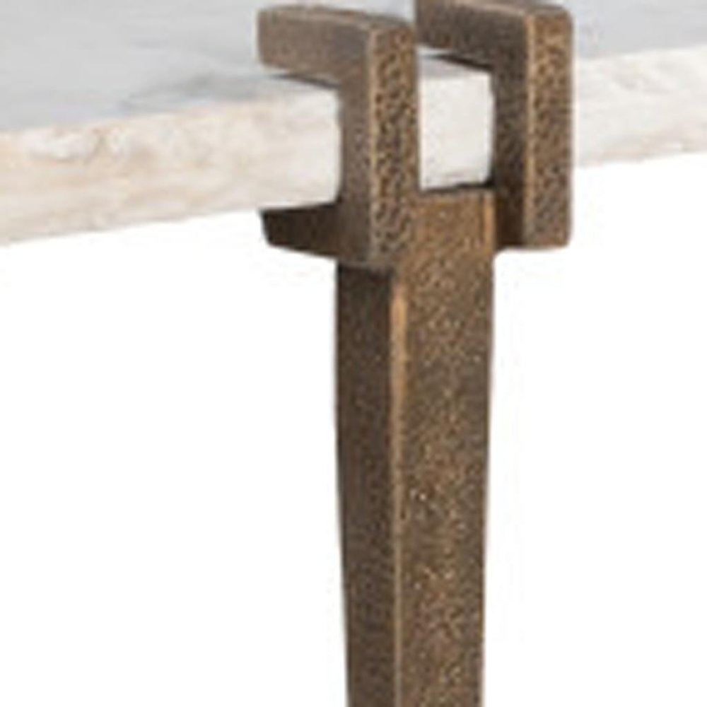 55" White and Bronze Genuine Marble and Iron Console Table