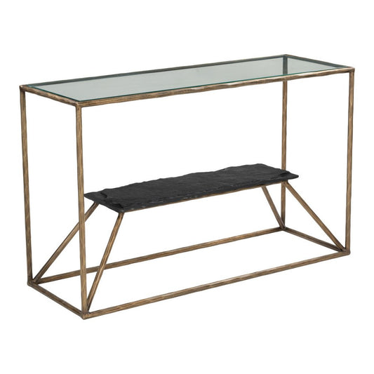 48" Clear and Brass Glass Iron and Stone Frame Console Table With Shelf