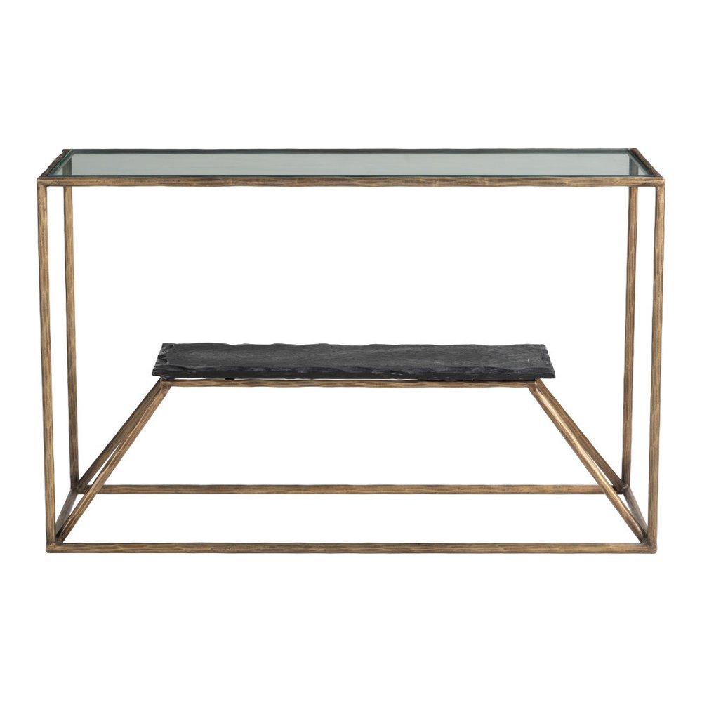 48" Clear and Brass Glass Iron and Stone Frame Console Table With Shelf