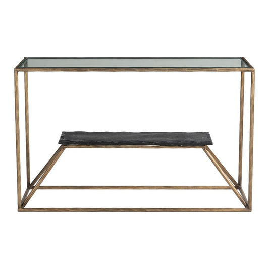 48" Clear and Brass Glass Iron and Stone Frame Console Table With Shelf