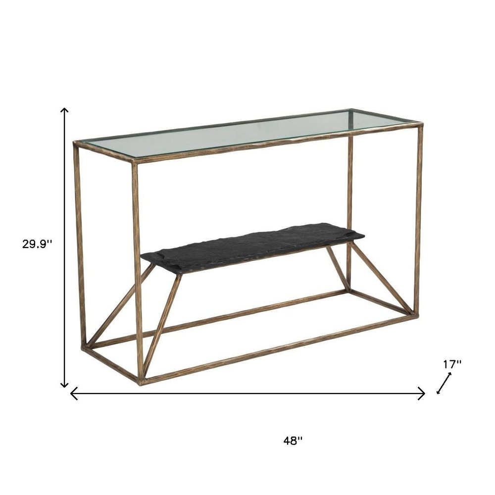 48" Clear and Brass Glass Iron and Stone Frame Console Table With Shelf