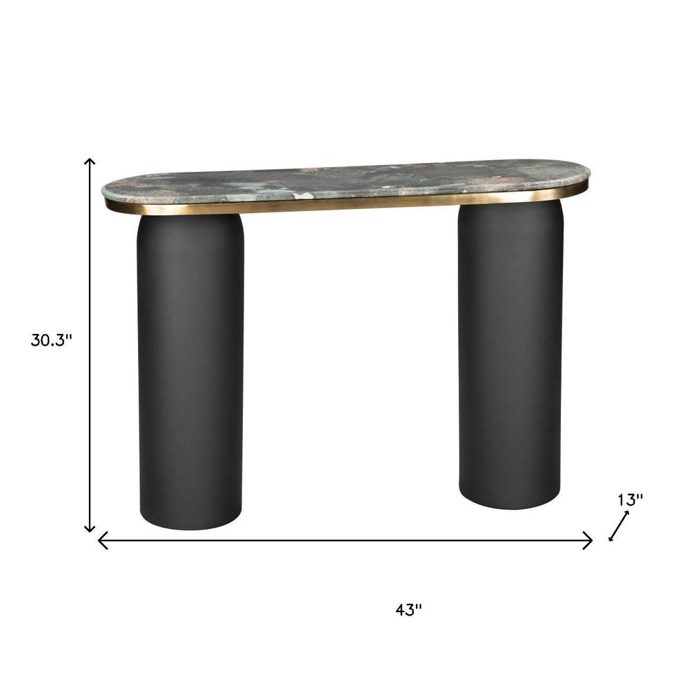 43" Black and Gold Genuine Marble and Steel Double Pedestal Console Table