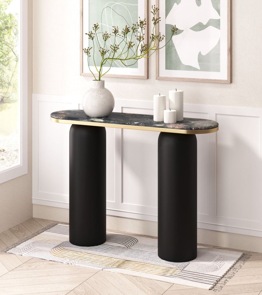 43" Black and Gold Genuine Marble and Steel Double Pedestal Console Table