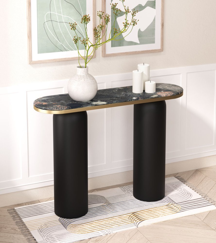 43" Black and Gold Genuine Marble and Steel Double Pedestal Console Table