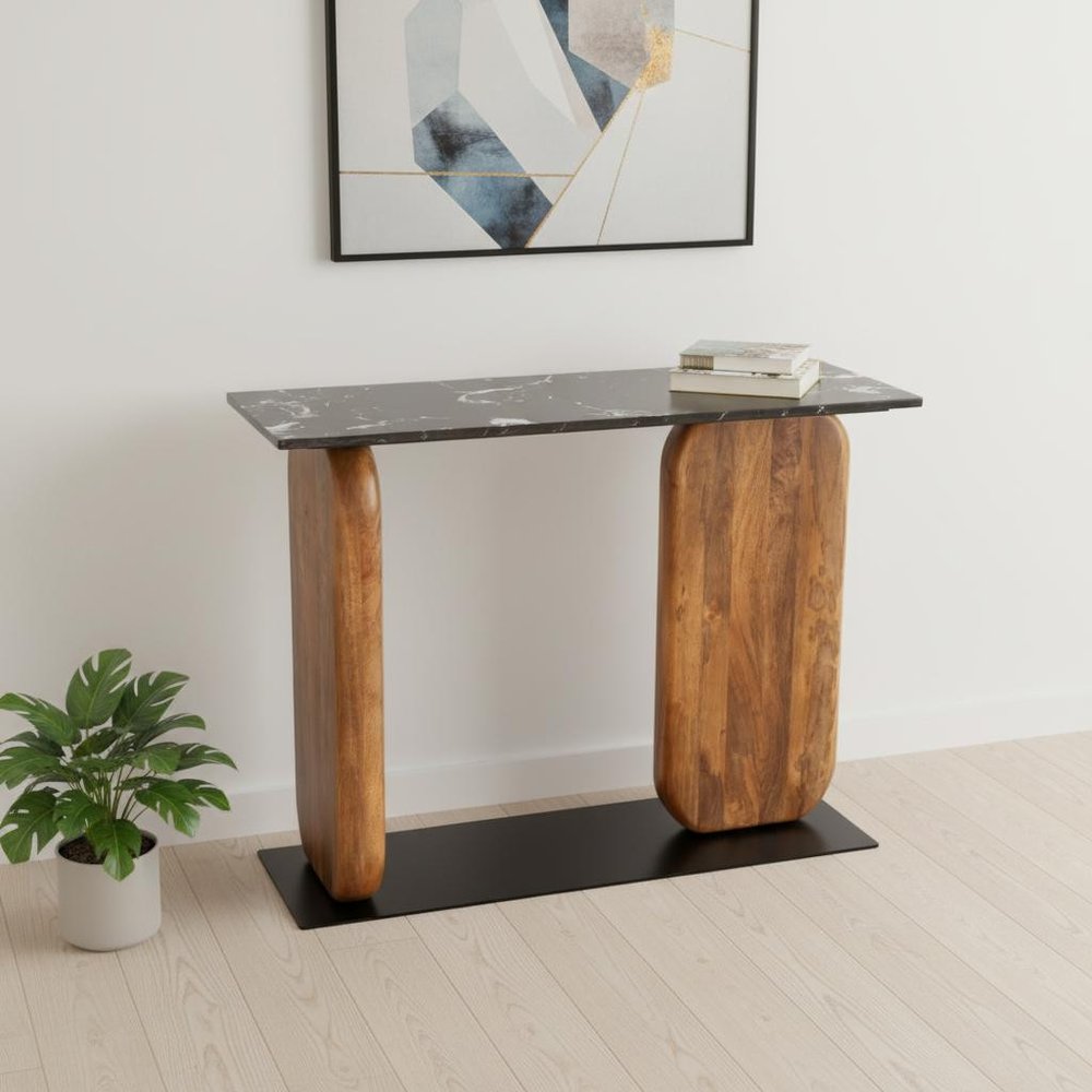 43" Black and Brown Genuine Marble and Solid Wood Solid Console Table