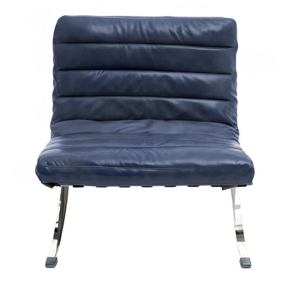 29" Blue and Silver Tufted Leather and Upholstered Folding Lounge Chair