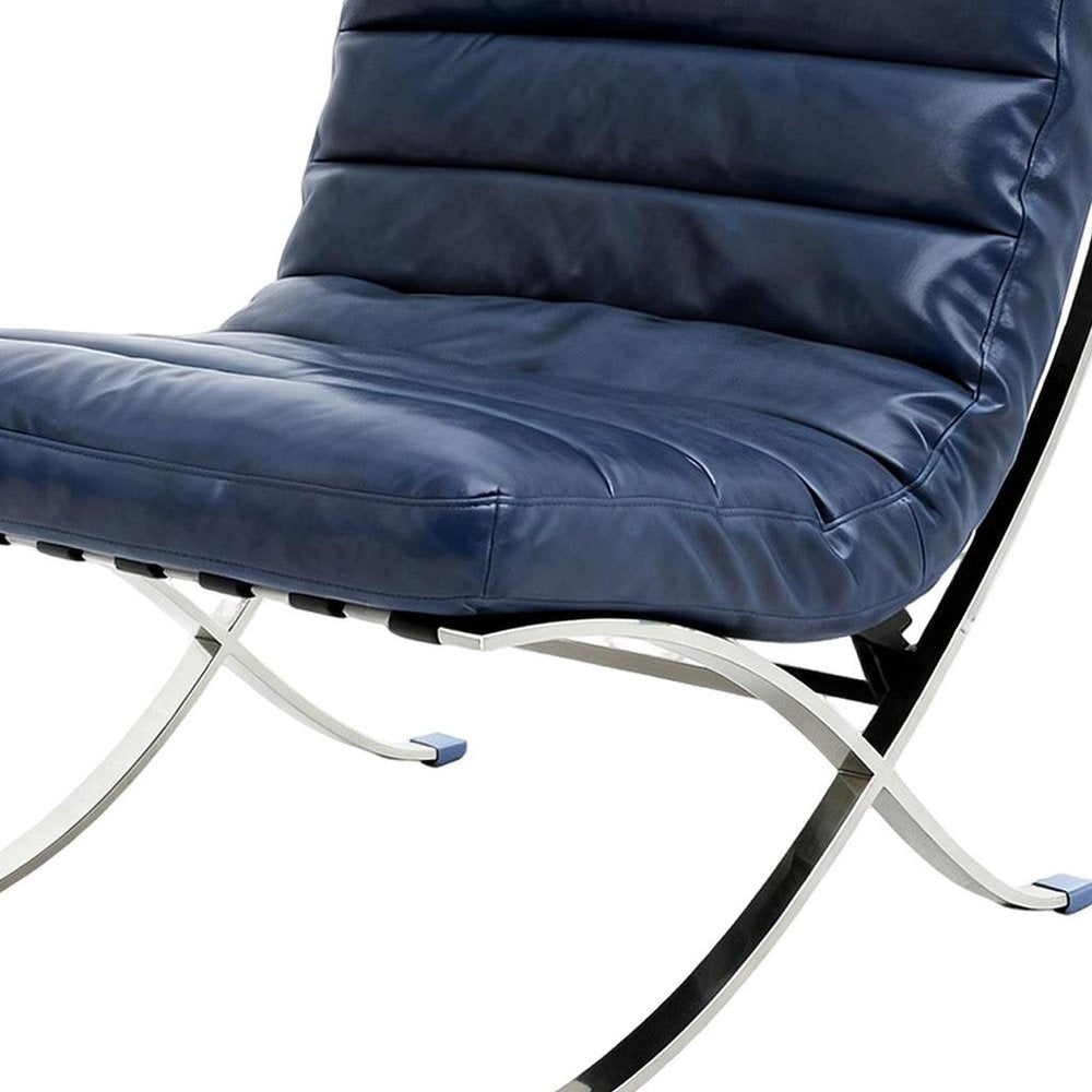 29" Blue and Silver Tufted Leather and Upholstered Folding Lounge Chair
