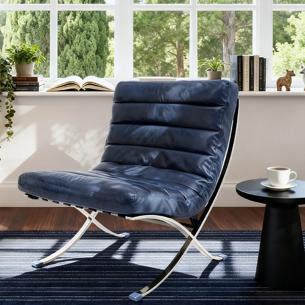 29" Blue and Silver Tufted Leather and Upholstered Folding Lounge Chair