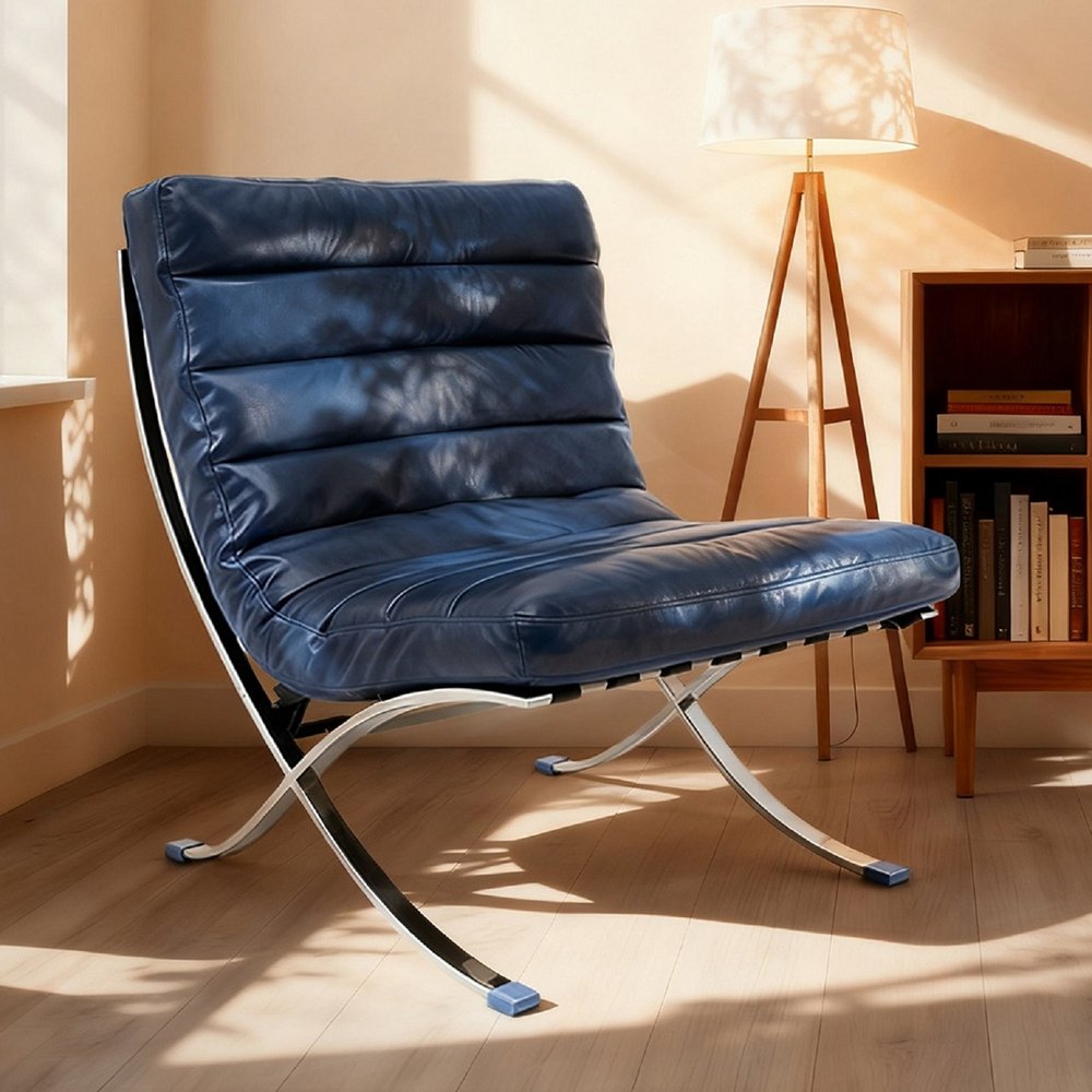 29" Blue and Silver Tufted Leather and Upholstered Folding Lounge Chair