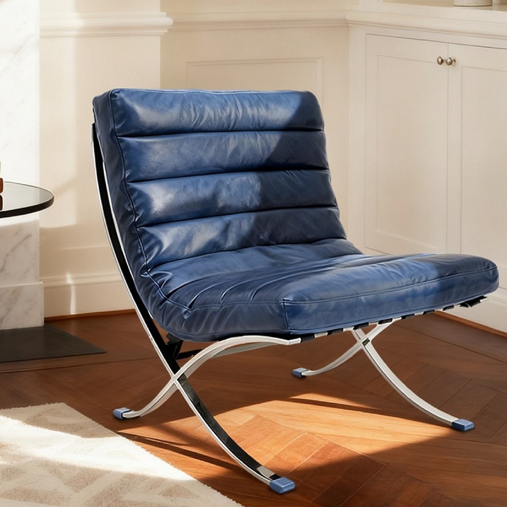 29" Blue and Silver Tufted Leather and Upholstered Folding Lounge Chair