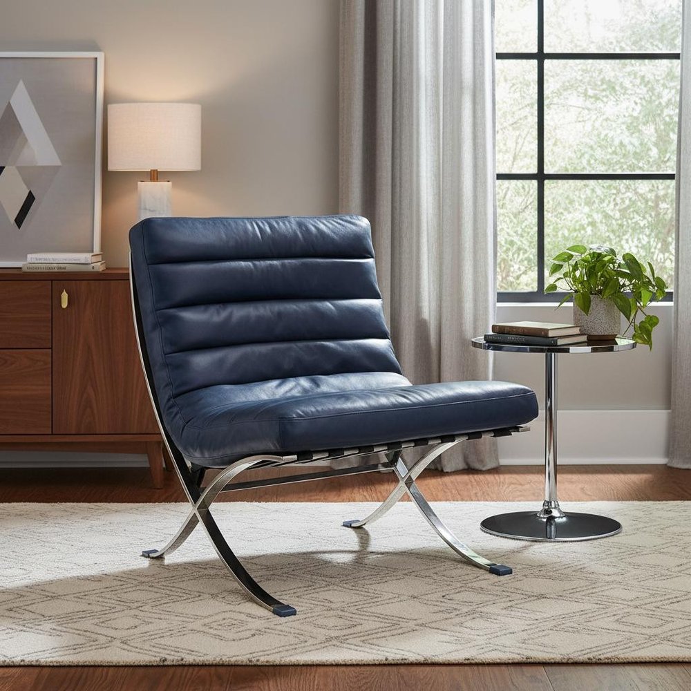 29" Blue and Silver Tufted Leather and Upholstered Folding Lounge Chair