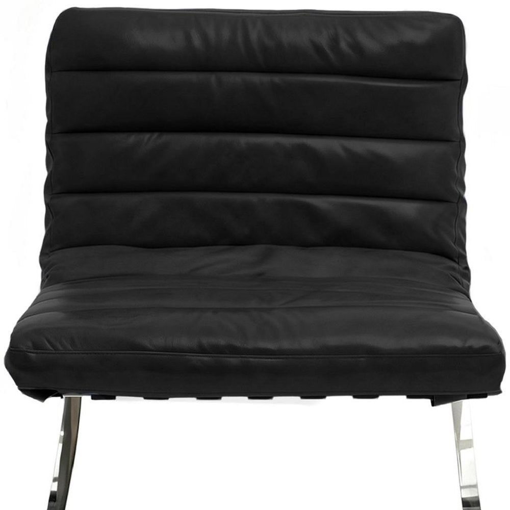 29" Black and Silver Tufted Leather and Upholstered Folding Lounge Chair