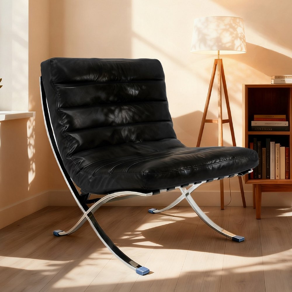 29" Black and Silver Tufted Leather and Upholstered Folding Lounge Chair