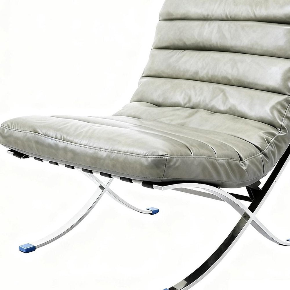 29" Gray and Silver Tufted Leather and Upholstered Folding Lounge Chair