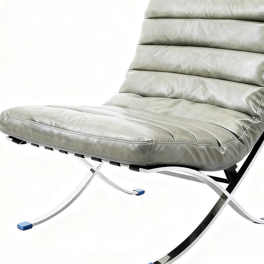 29" Gray and Silver Tufted Leather and Upholstered Folding Lounge Chair