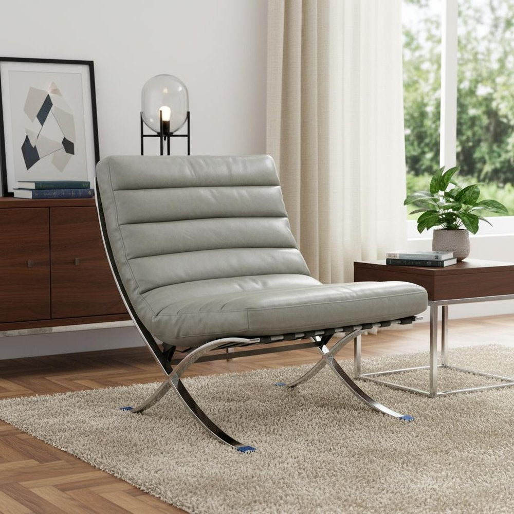 29" Gray and Silver Tufted Leather and Upholstered Folding Lounge Chair