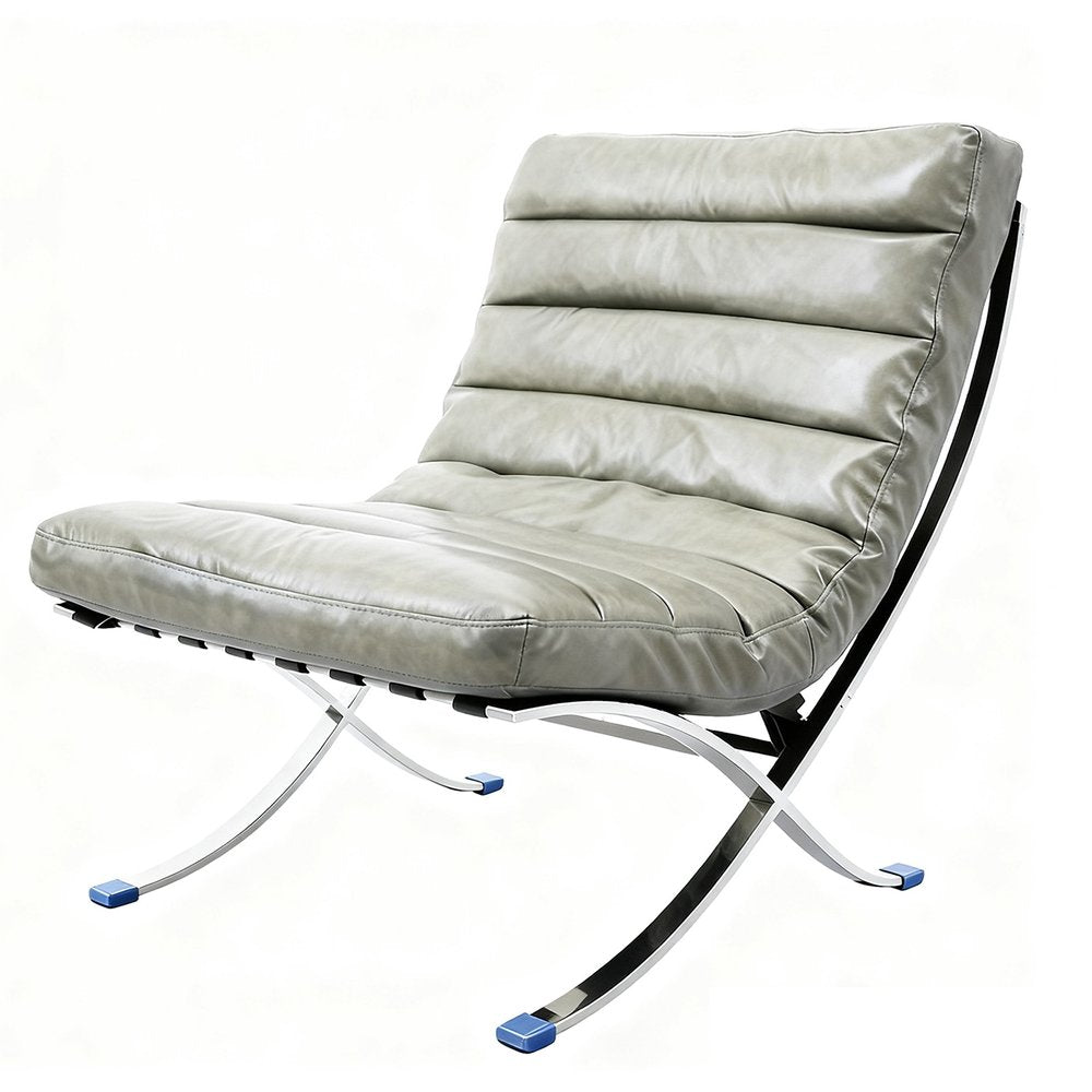 29" Gray and Silver Tufted Leather and Upholstered Folding Lounge Chair