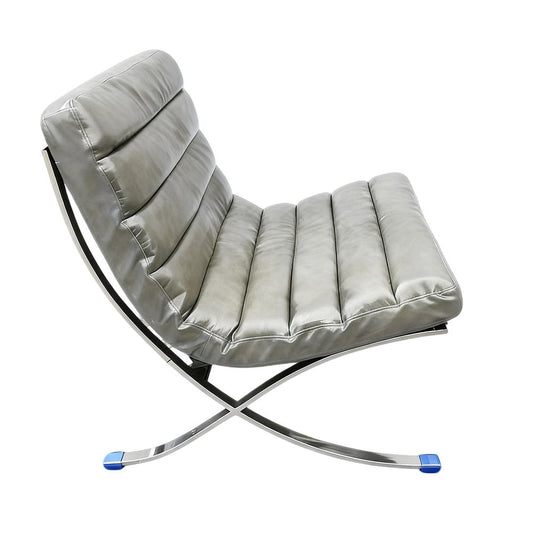 29" Gray and Silver Tufted Leather and Upholstered Folding Lounge Chair