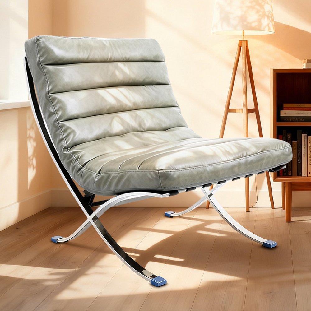 29" Gray and Silver Tufted Leather and Upholstered Folding Lounge Chair