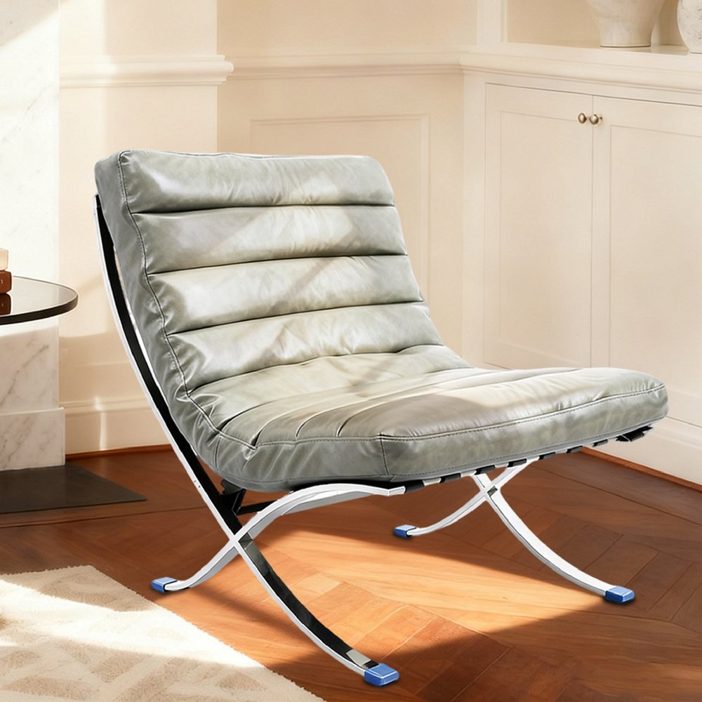 29" Gray and Silver Tufted Leather and Upholstered Folding Lounge Chair