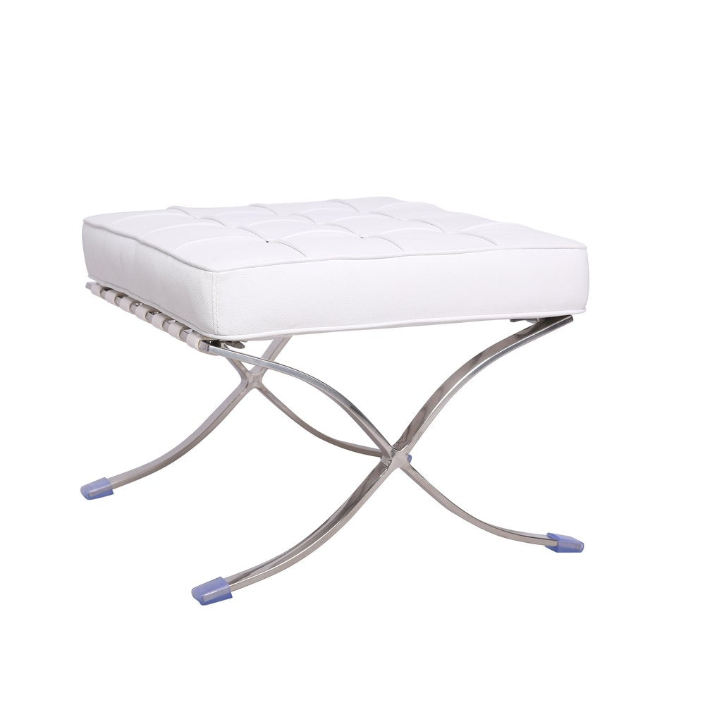 20" White and Silver Leather Tufted Ottoman