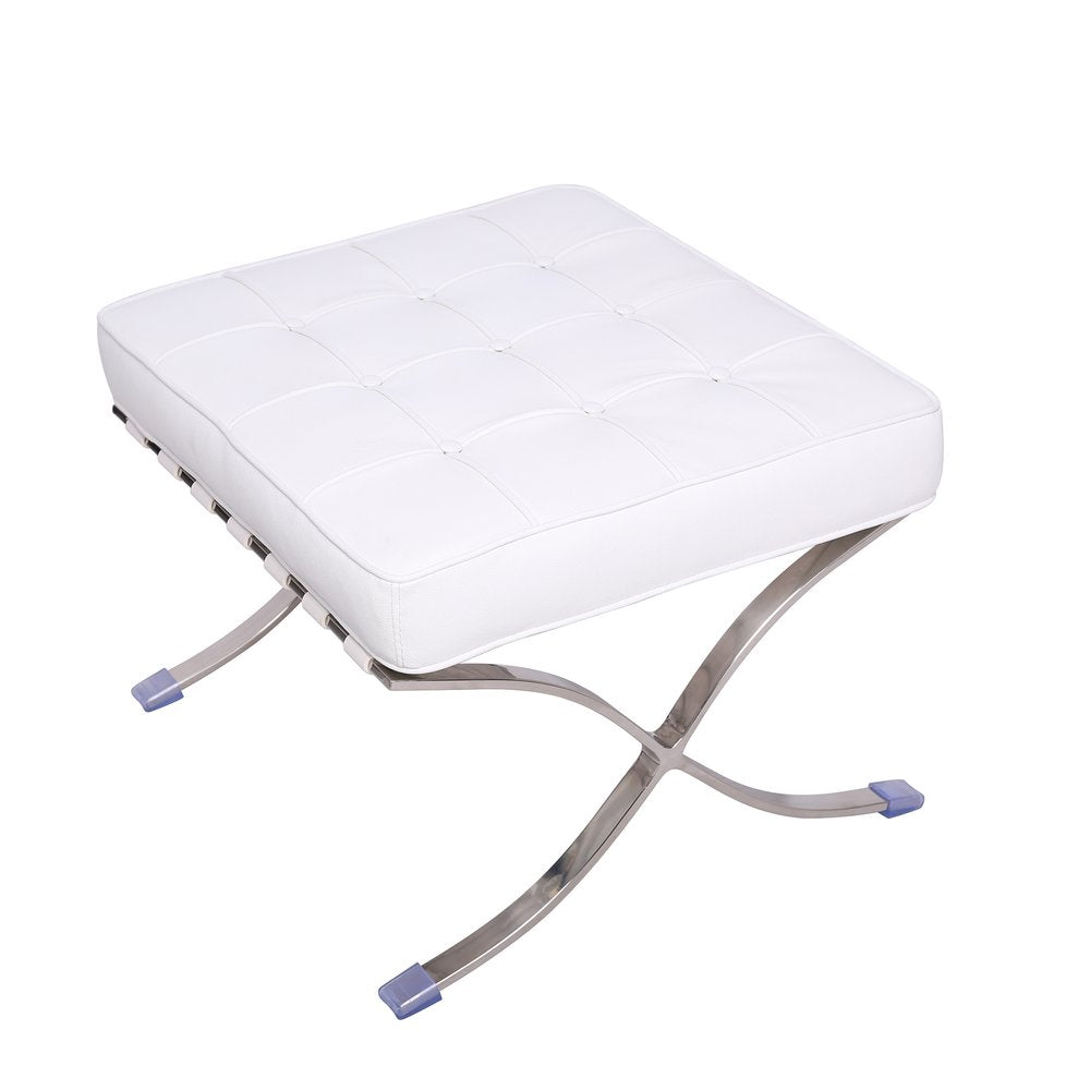 20" White and Silver Leather Tufted Ottoman