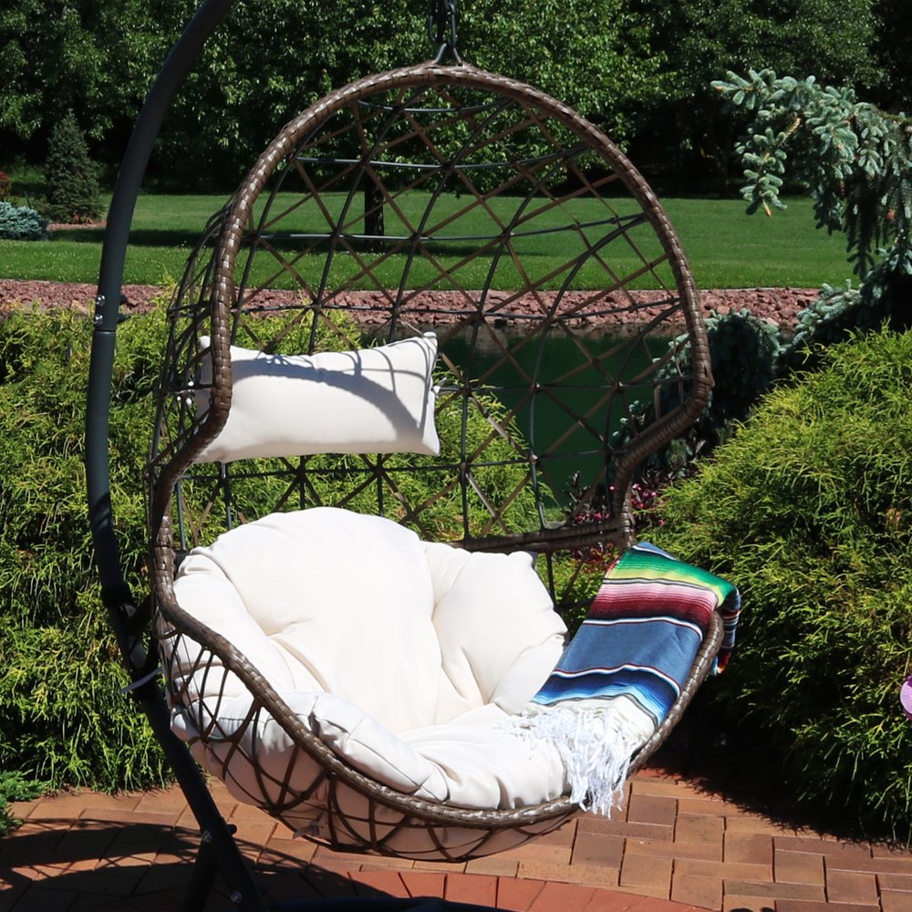 35" Beige Steel Outdoor Egg Chair