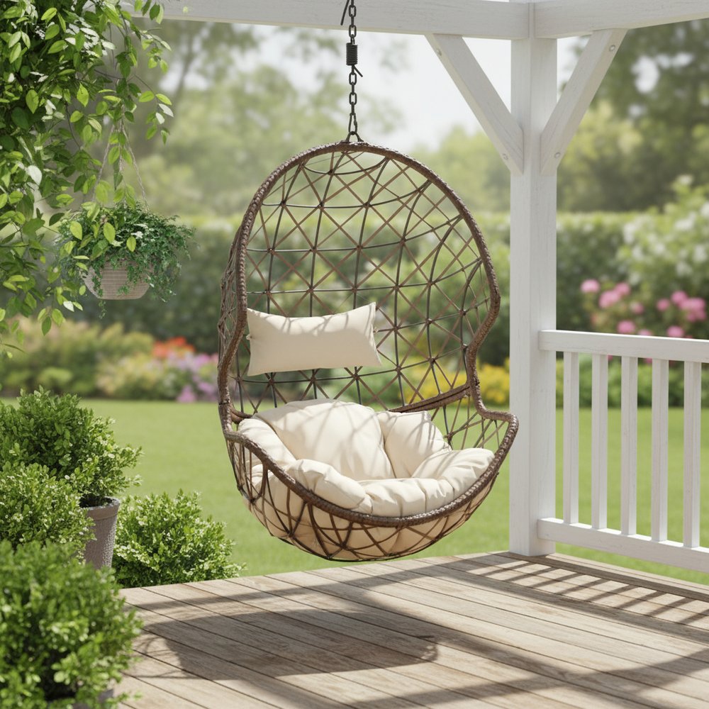 35" Beige Steel Outdoor Egg Chair