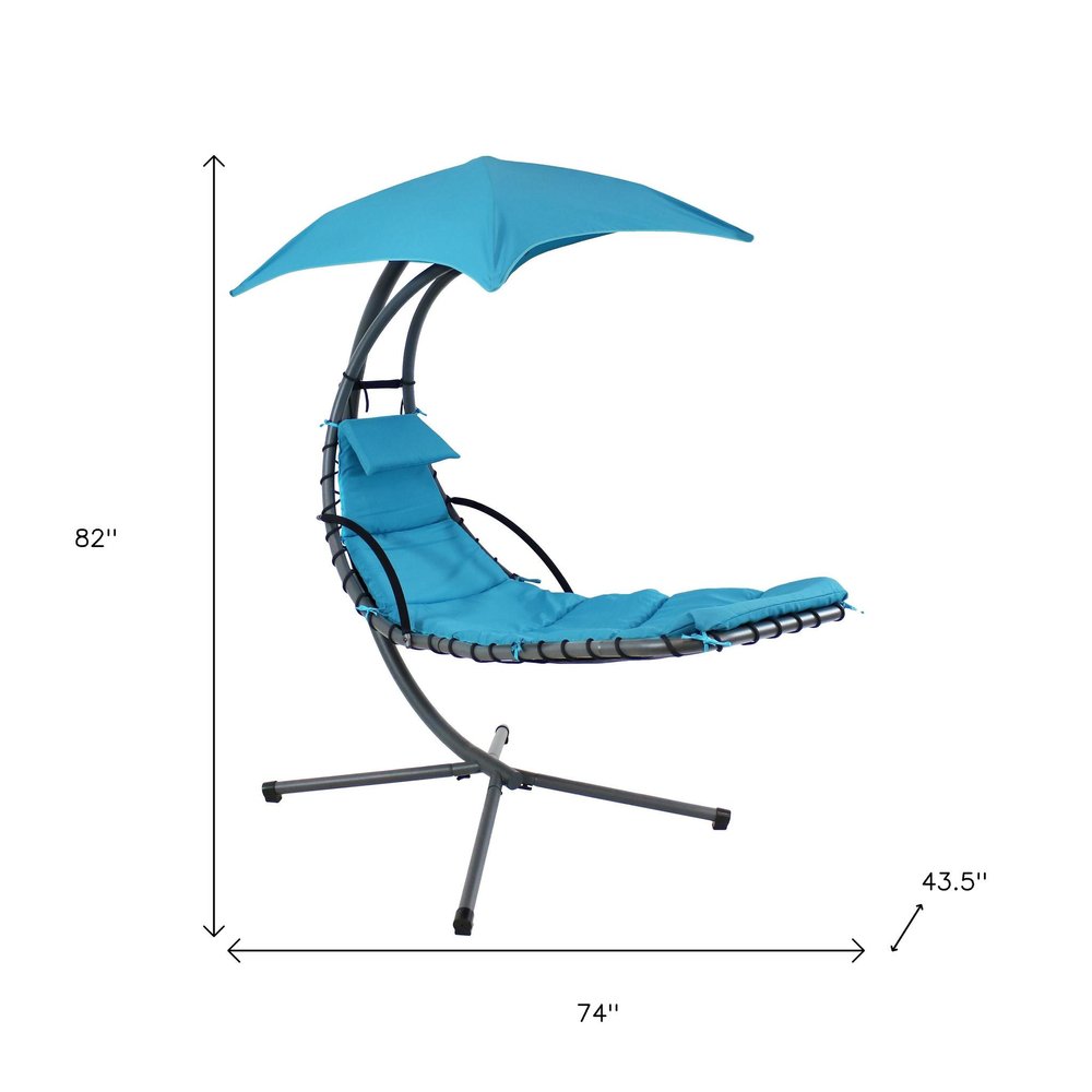 74" Silver Steel Outdoor Floating Chaise Lounge with Teal Blue Cushion And Canopy