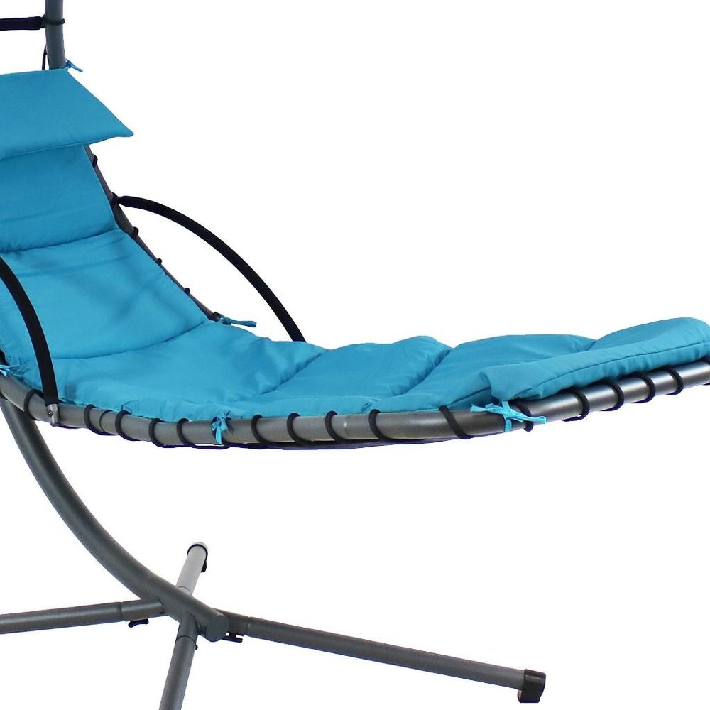 74" Silver Steel Outdoor Floating Chaise Lounge with Teal Blue Cushion And Canopy