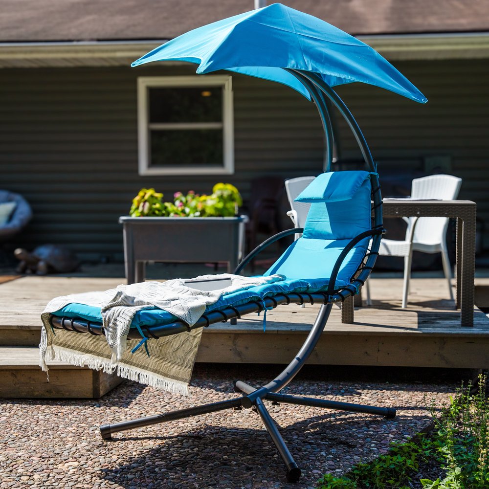74" Silver Steel Outdoor Floating Chaise Lounge with Teal Blue Cushion And Canopy