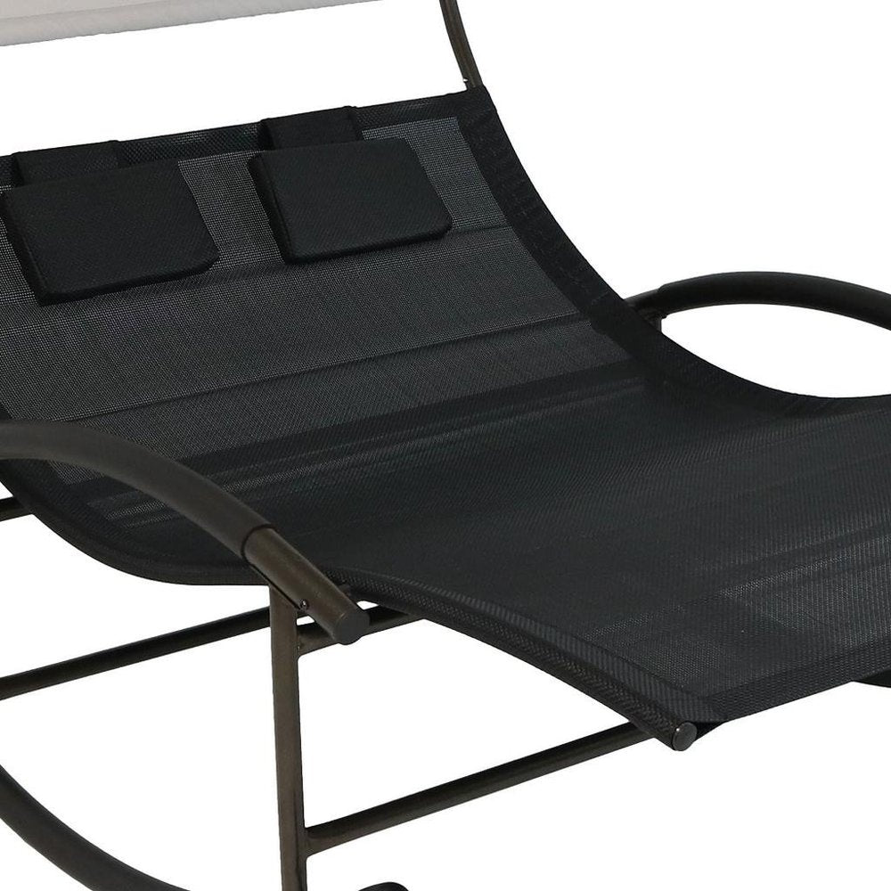 70" Black Steel Sling Outdoor Rocking Chaise Lounge With Canopy