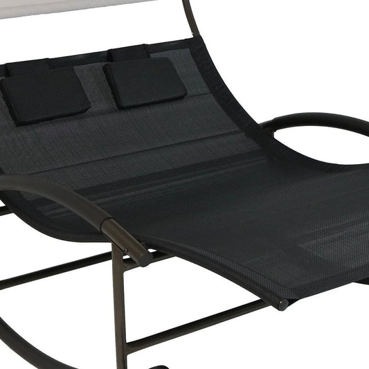 70" Black Steel Sling Outdoor Rocking Chaise Lounge With Canopy