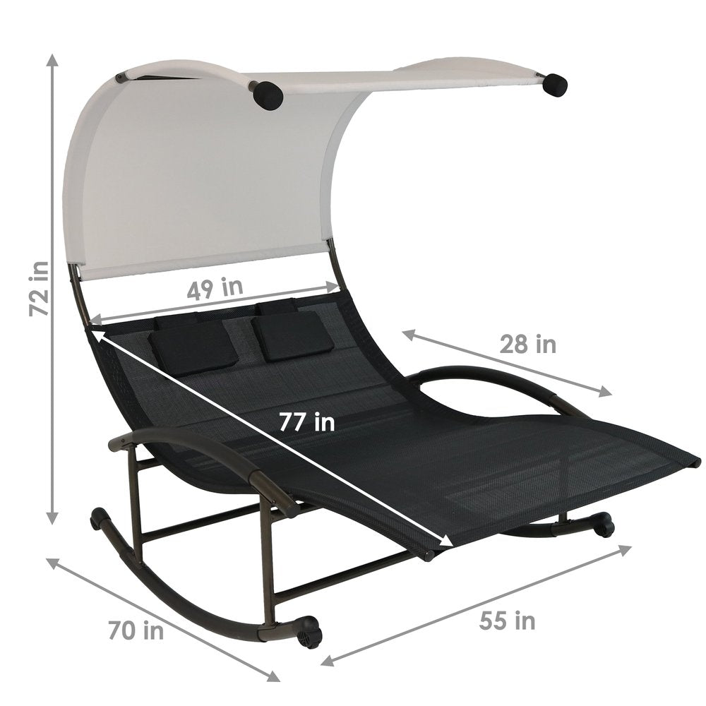 70" Black Steel Sling Outdoor Rocking Chaise Lounge With Canopy