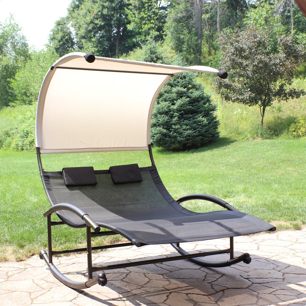 70" Black Steel Sling Outdoor Rocking Chaise Lounge With Canopy