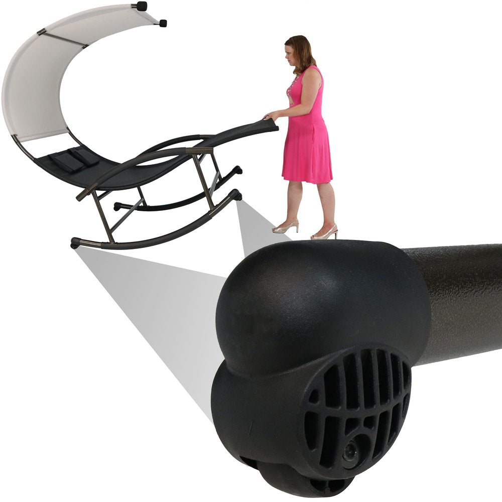 70" Black Steel Sling Outdoor Rocking Chaise Lounge With Canopy